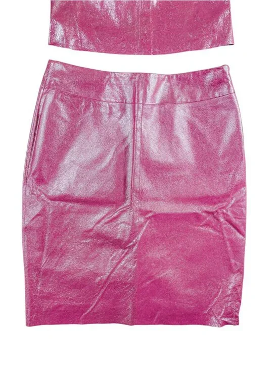 Rare Vintage Y2K Express Hot Pink 100% Leather Halter Top Skirt Set Sz XS Fest - Picture 9 of 16